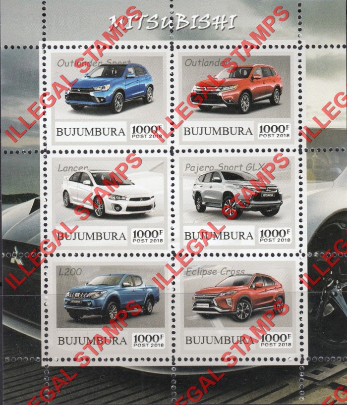 Bujumbura 2018 Cars Mitsubishi Counterfeit Illegal Stamp Souvenir Sheet of 6