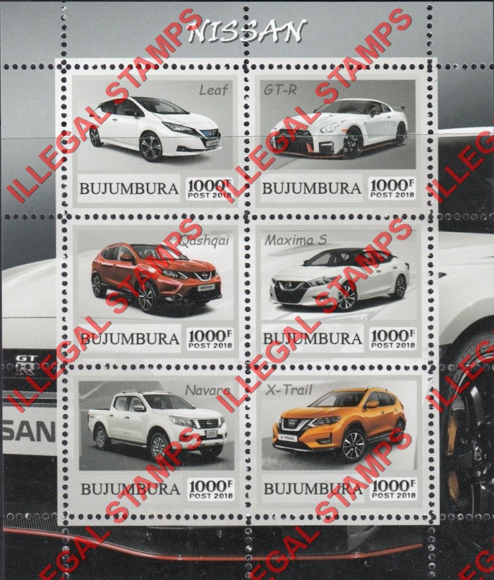 Bujumbura 2018 Cars Nissan Counterfeit Illegal Stamp Souvenir Sheet of 6