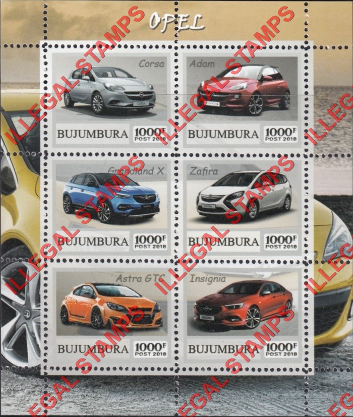 Bujumbura 2018 Cars Opel Counterfeit Illegal Stamp Souvenir Sheet of 6
