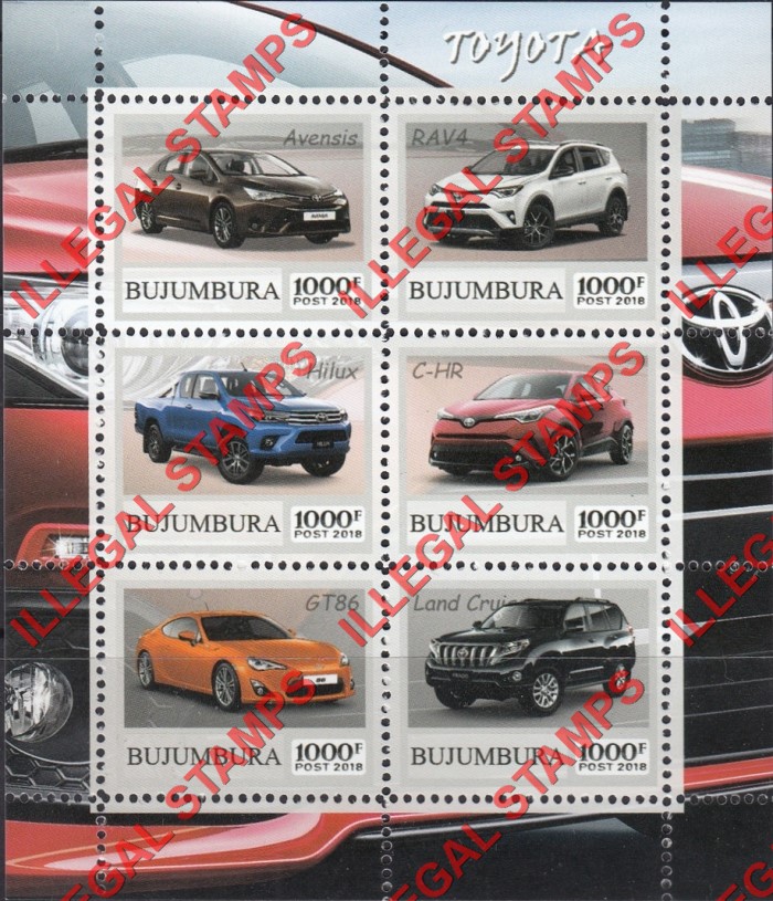 Bujumbura 2018 Cars Toyota Counterfeit Illegal Stamp Souvenir Sheet of 6