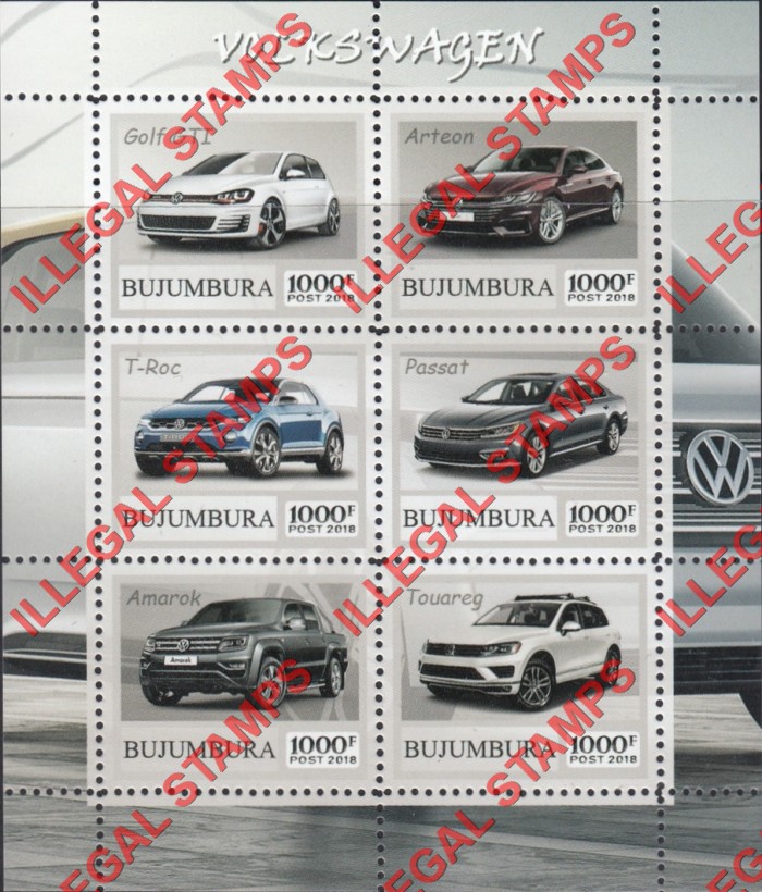 Bujumbura 2018 Cars Volkswagen Counterfeit Illegal Stamp Souvenir Sheet of 6