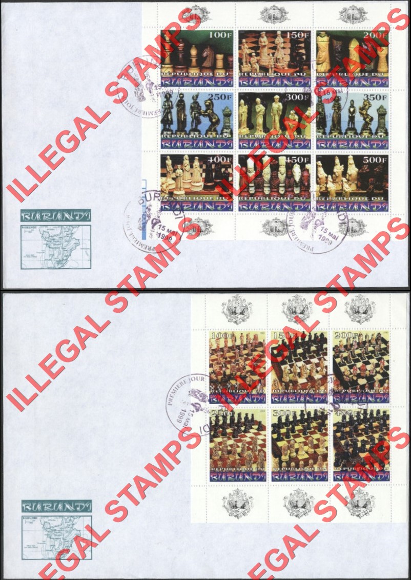 Burundi 1999 Chess Counterfeit Illegal Stamp Souvenir Sheets on Fake First Day Covers