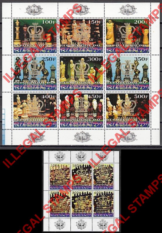 Burundi 1999 Chess Counterfeit Illegal Stamp Souvenir Sheets with Gold Overprints
