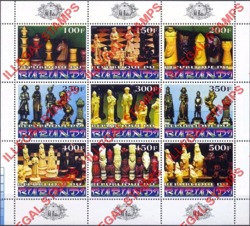 Burundi 1999 Chess Counterfeit Illegal Stamp Souvenir Sheet of 9