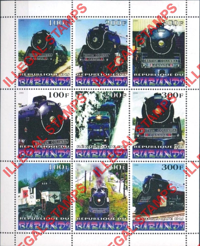Burundi 1999 Locomotives Counterfeit Illegal Stamp Souvenir Sheet of 9