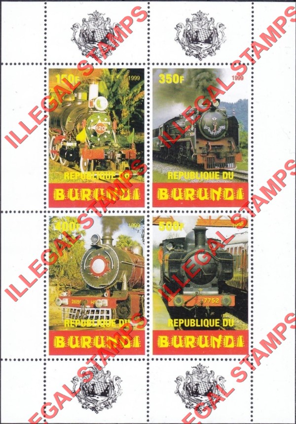 Burundi 1999 Locomotives Counterfeit Illegal Stamp Souvenir Sheet of 4