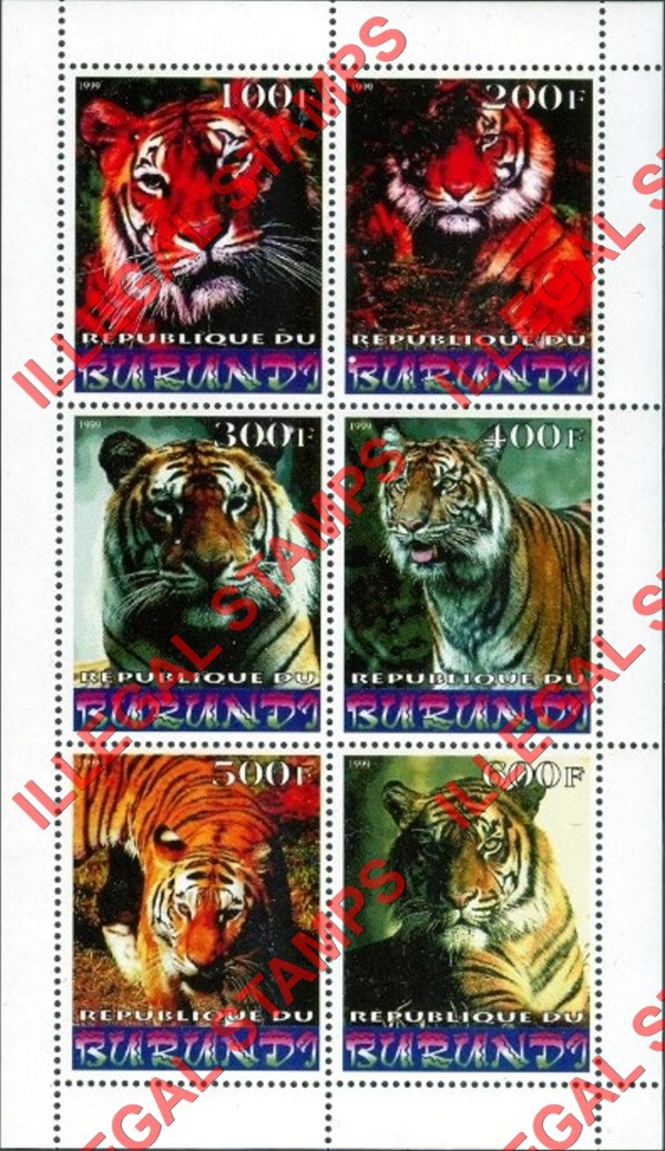 Burundi 1999 Tigers Counterfeit Illegal Stamp Souvenir Sheet of 6