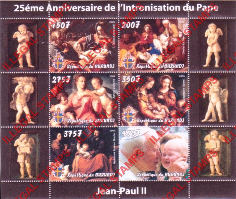 Burundi 2003 Pope John Paul II Counterfeit Illegal Stamp Souvenir Sheet of 6 (Sheet 1)