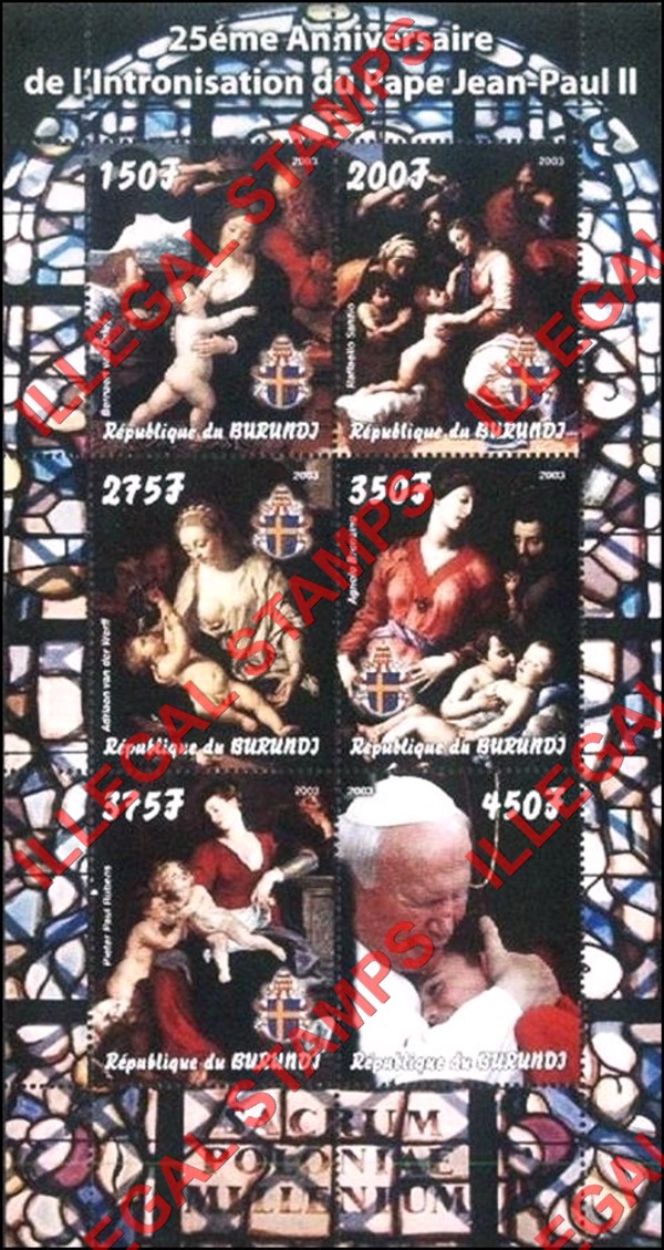 Burundi 2003 Pope John Paul II Counterfeit Illegal Stamp Souvenir Sheet of 6 (Sheet 2)