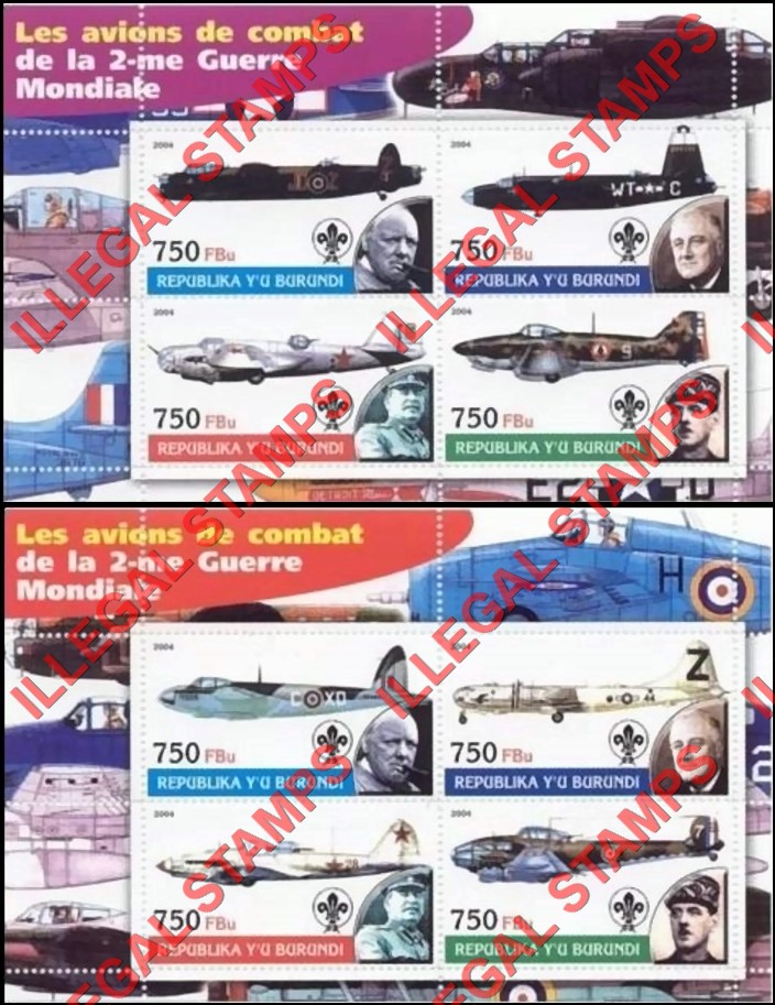 Burundi 2004 Military Aviation of World War II Counterfeit Illegal Stamp Souvenir Sheets of 4 (Part 1)