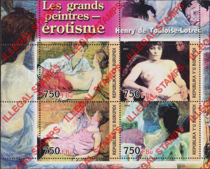 Burundi 2004 Paintings by Henry de Touloise-Lotrec Counterfeit Illegal Stamp Souvenir Sheet of 4