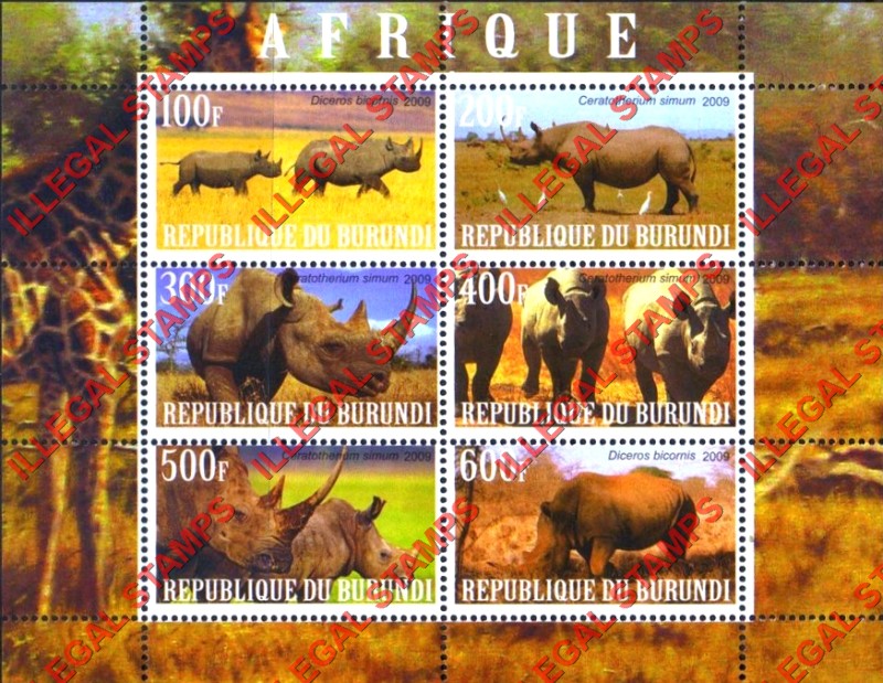 Burundi 2009 Africa Animals Rhinoceros Counterfeit Illegal Stamp Souvenir Sheet of 6