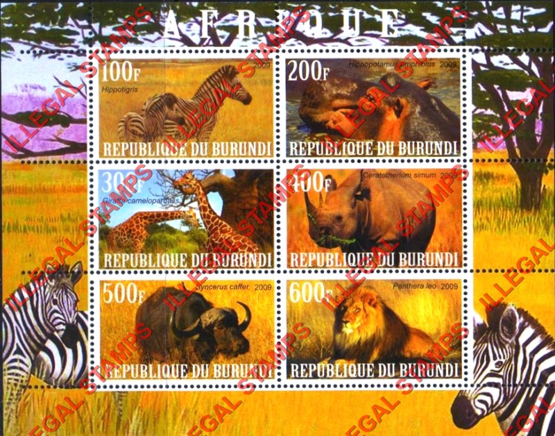 Burundi 2009 Africa Animals Zebras Giraffes Counterfeit Illegal Stamp Souvenir Sheet of 6