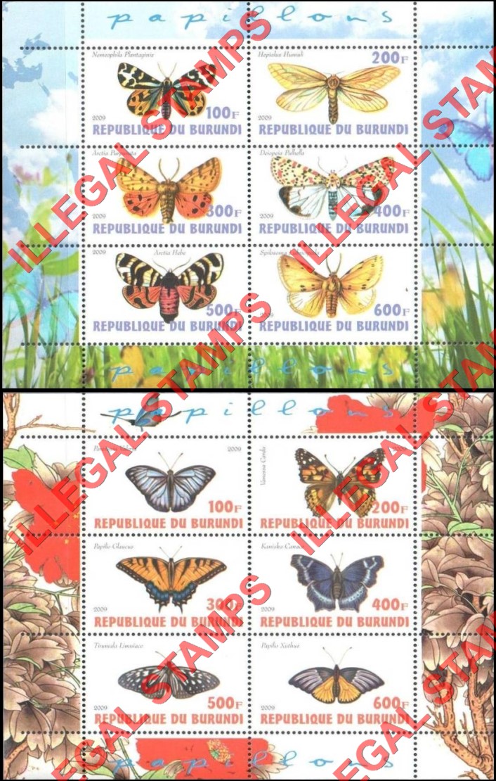 Burundi 2009 Butterflies Counterfeit Illegal Stamp Souvenir Sheets of 6