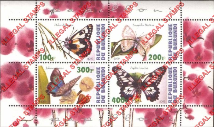 Burundi 2009 Butterflies Counterfeit Illegal Stamp Souvenir Sheet of 4