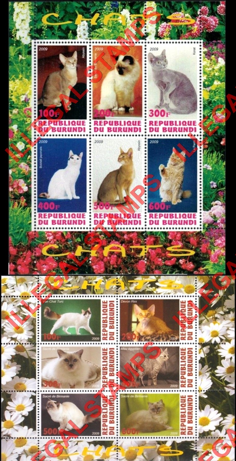 Burundi 2009 Cats Counterfeit Illegal Stamp Souvenir Sheets of 6