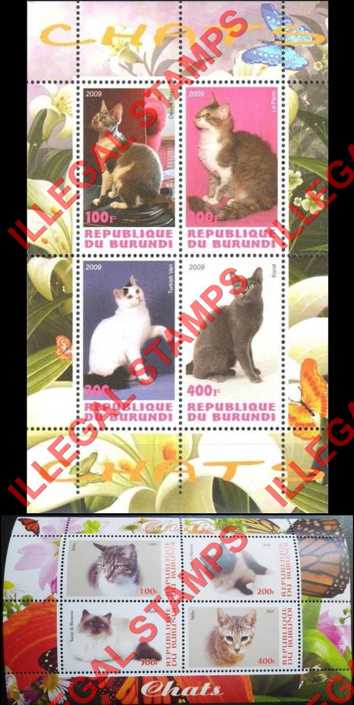 Burundi 2009 Cats Counterfeit Illegal Stamp Souvenir Sheets of 4