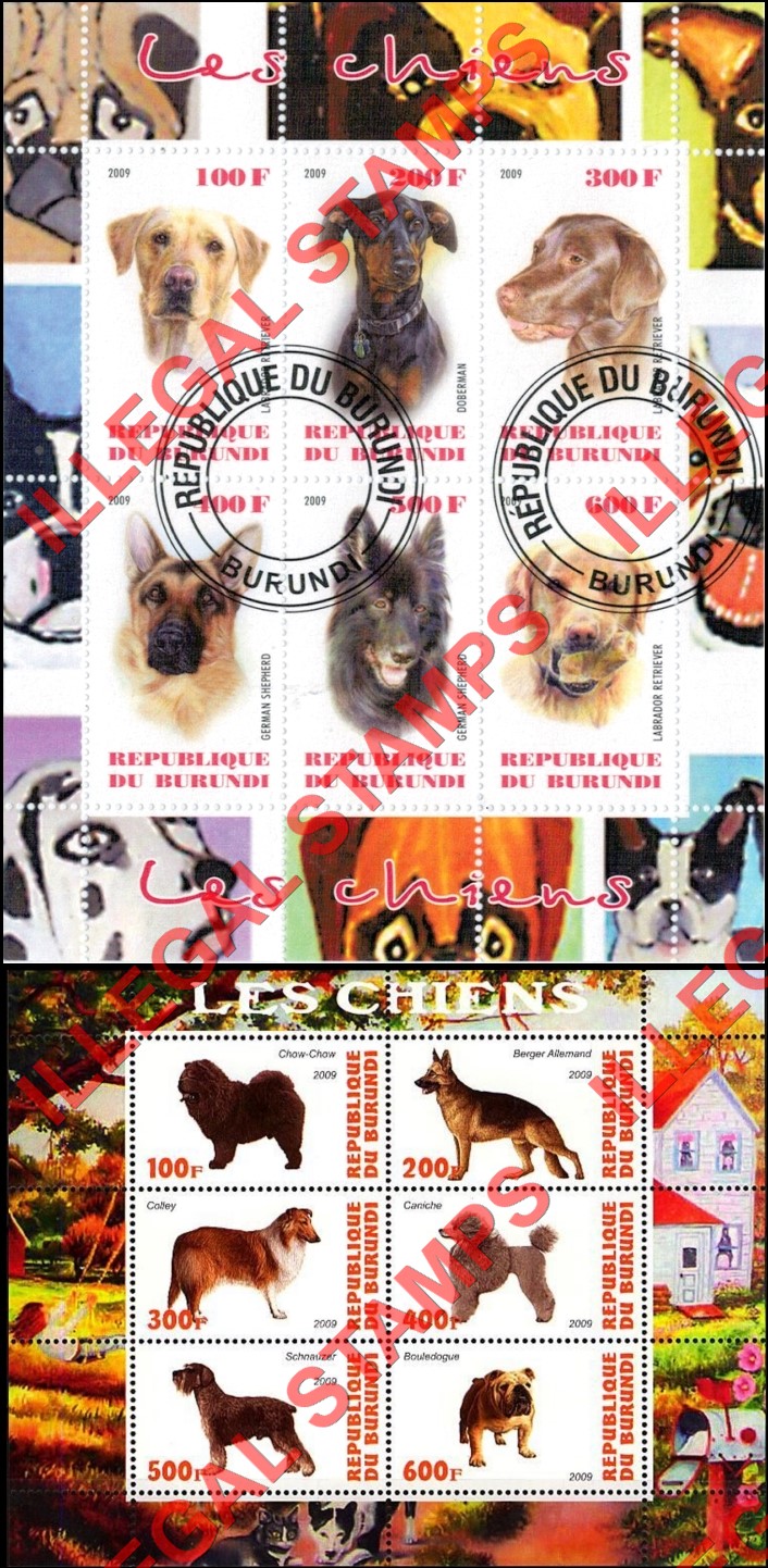 Burundi 2009 Dogs Counterfeit Illegal Stamp Souvenir Sheets of 6 (Part 1)