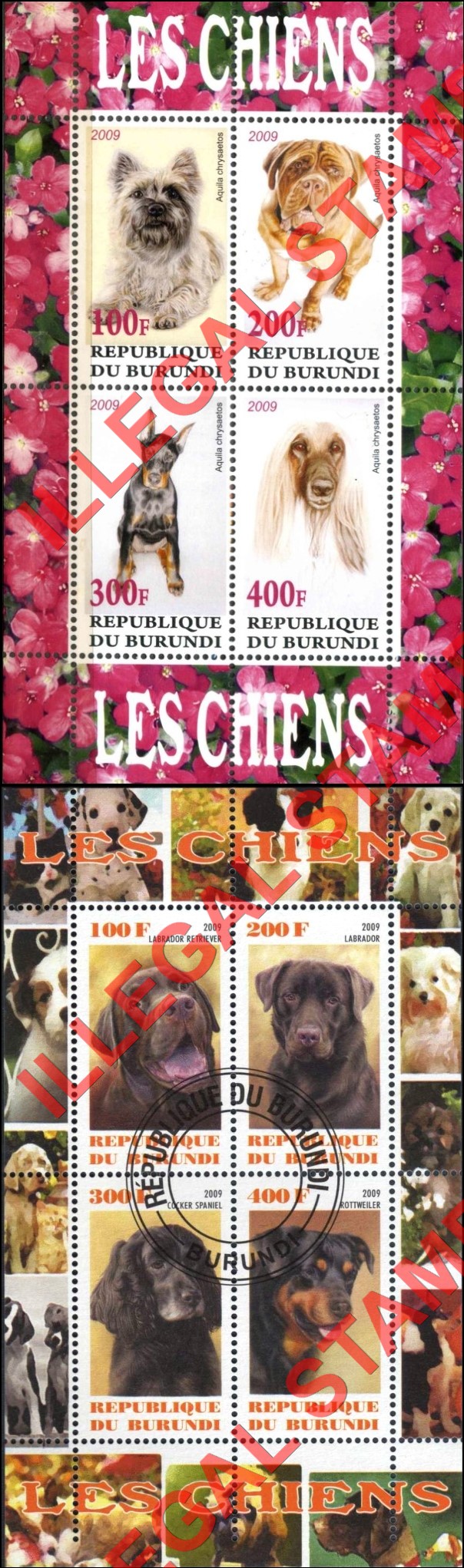 Burundi 2009 Dogs Counterfeit Illegal Stamp Souvenir Sheets of 4 (Part 1)