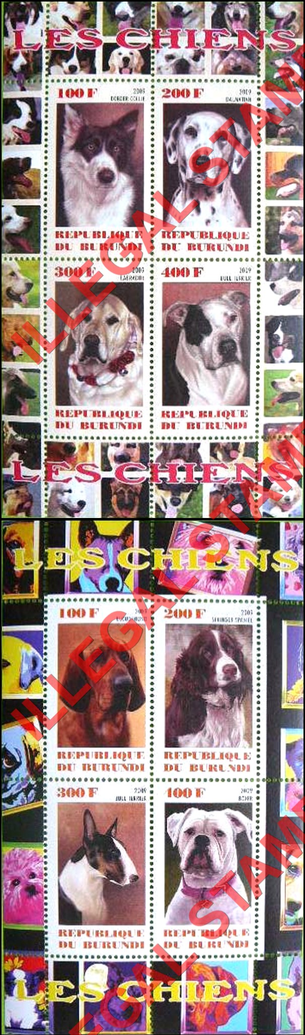 Burundi 2009 Dogs Counterfeit Illegal Stamp Souvenir Sheets of 4 (Part 2)