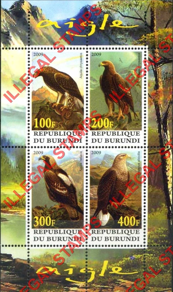 Burundi 2009 Eagles Counterfeit Illegal Stamp Souvenir Sheet of 4