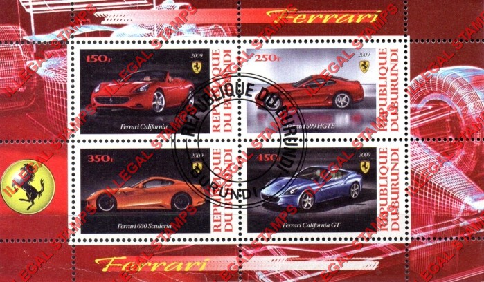 Burundi 2009 Ferrari Counterfeit Illegal Stamp Souvenir Sheet of 4