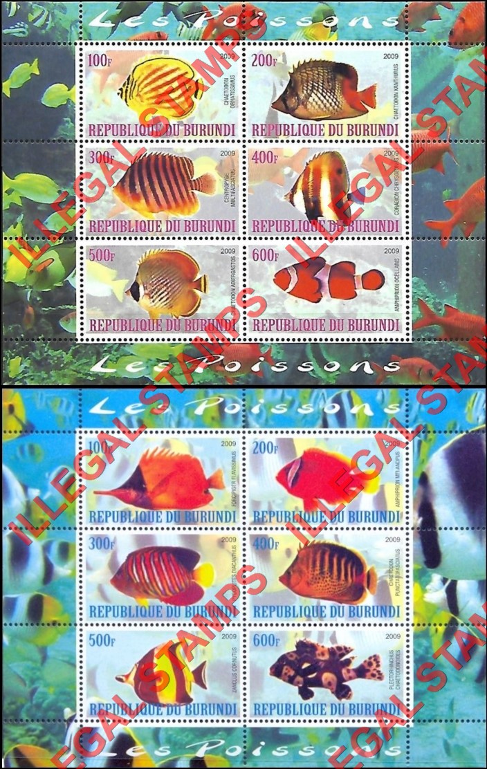 Burundi 2009 Fish Counterfeit Illegal Stamp Souvenir Sheets of 6 (Part 1)