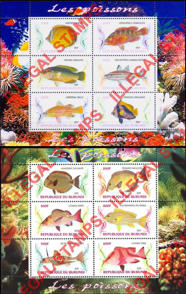 Burundi 2009 Fish Counterfeit Illegal Stamp Souvenir Sheets of 6 (Part 2)