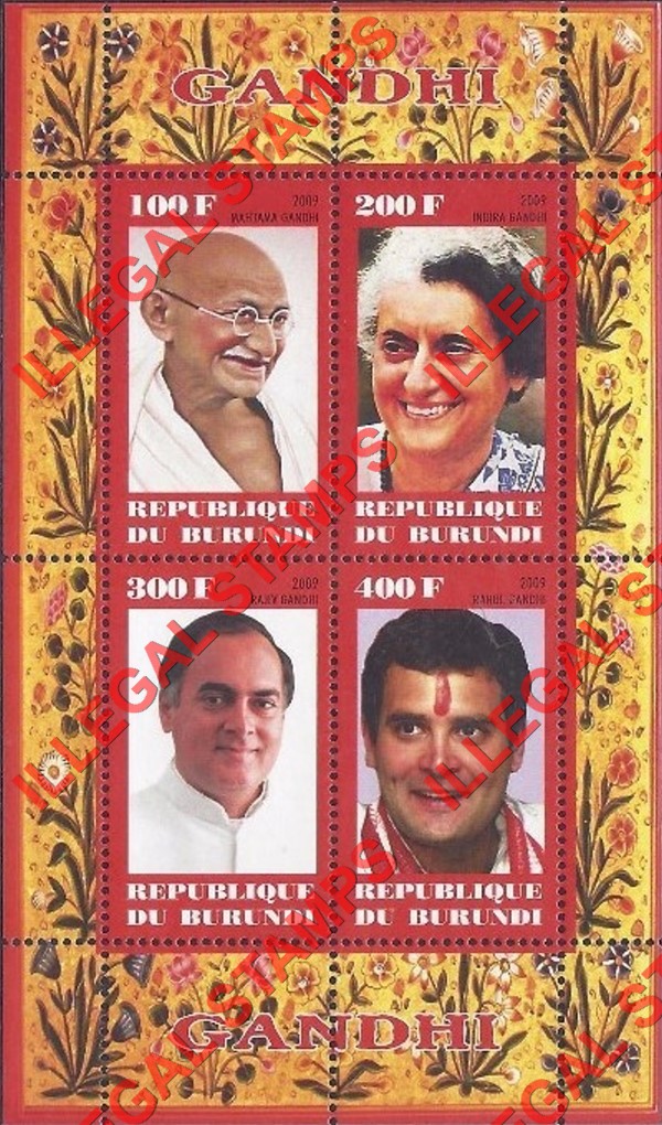 Burundi 2009 Gandhi Counterfeit Illegal Stamp Souvenir Sheet of 4