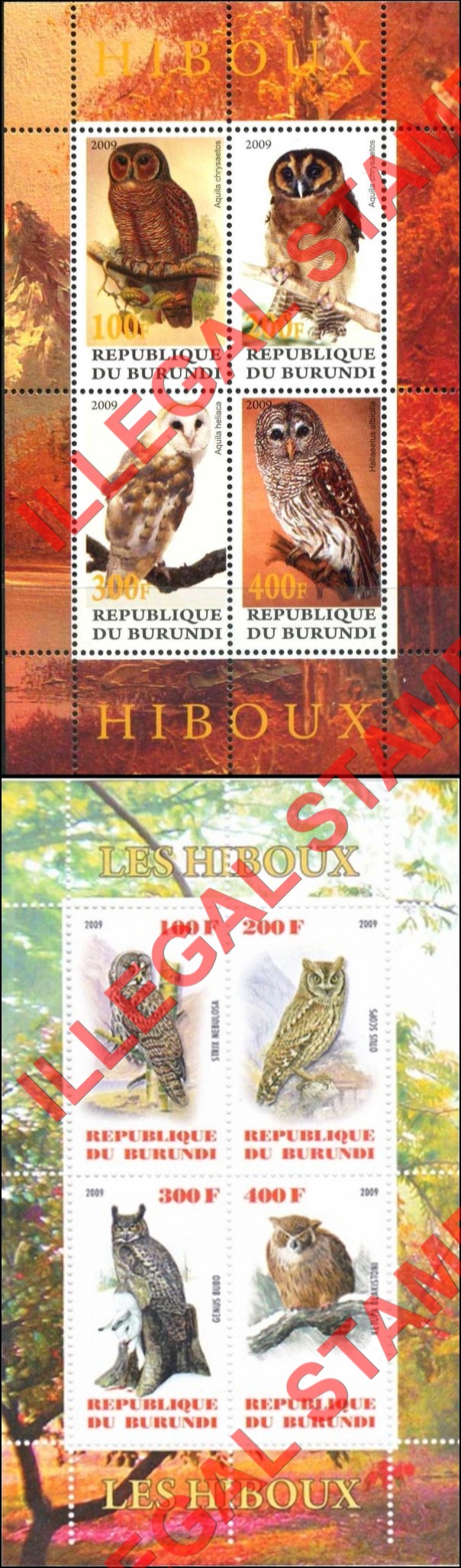 Burundi 2009 Owls Counterfeit Illegal Stamp Souvenir Sheets of 4