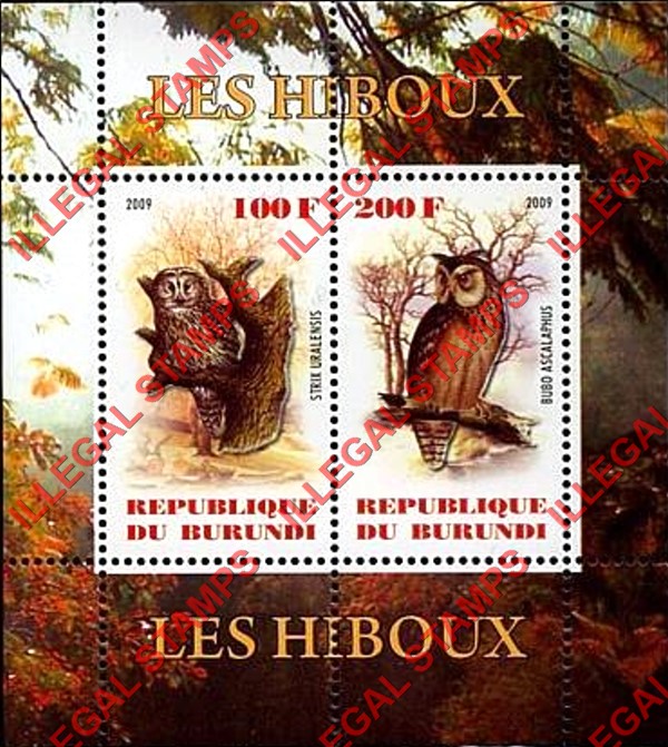 Burundi 2009 Owls Counterfeit Illegal Stamp Souvenir Sheets of 2