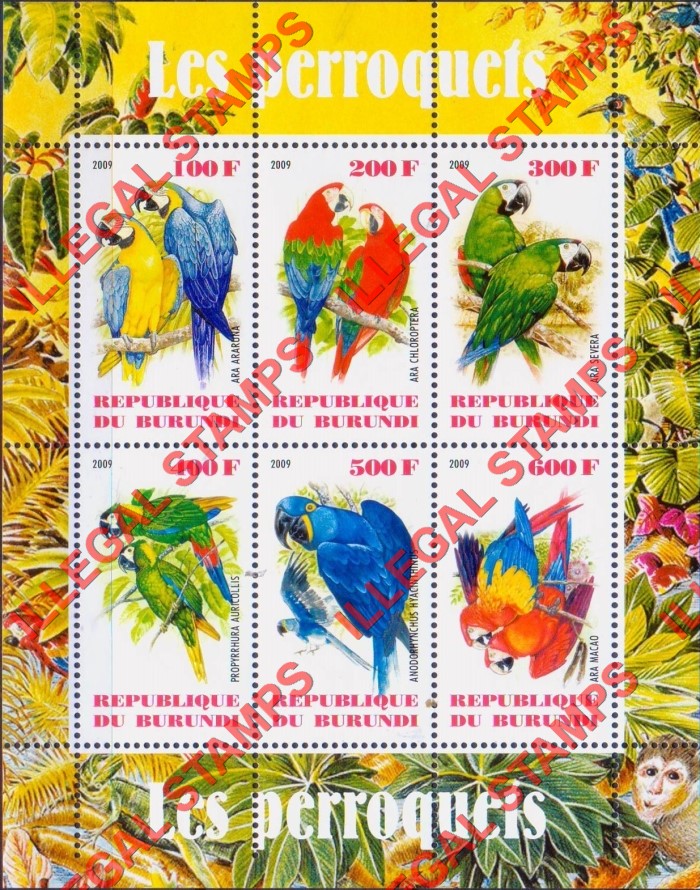 Burundi 2009 Parrots Counterfeit Illegal Stamp Souvenir Sheet of 6