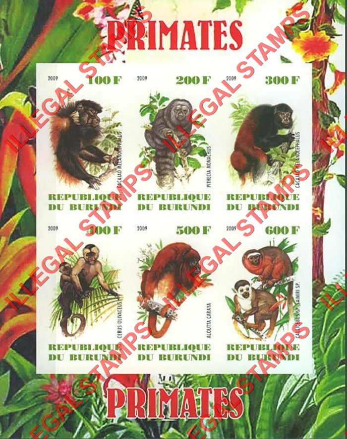 Burundi 2009 Primates Counterfeit Illegal Stamp Souvenir Sheet of 6