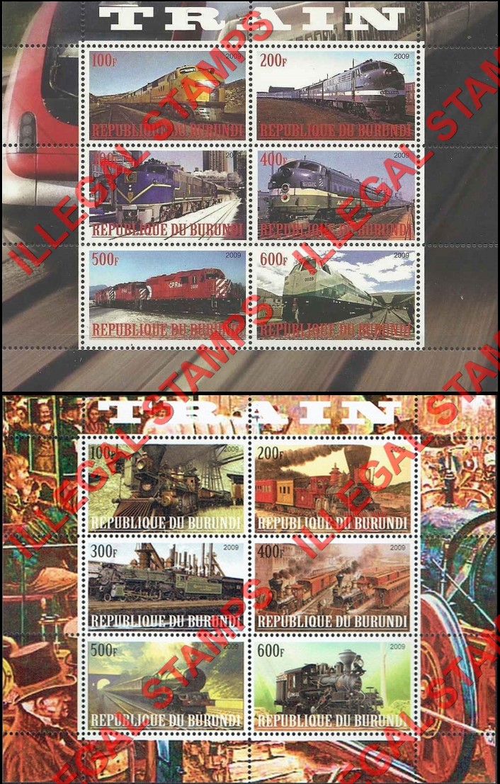 Burundi 2009 Trains Counterfeit Illegal Stamp Souvenir Sheets of 6