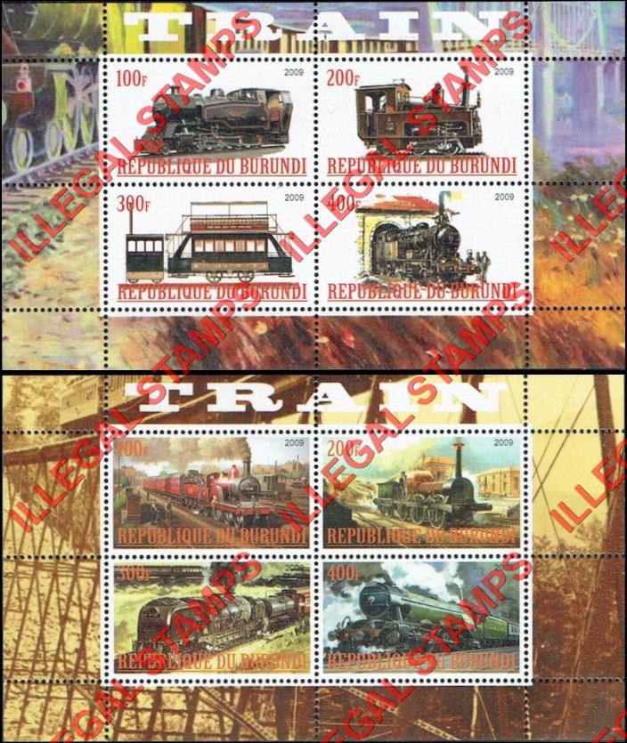 Burundi 2009 Trains Counterfeit Illegal Stamp Souvenir Sheets of 4
