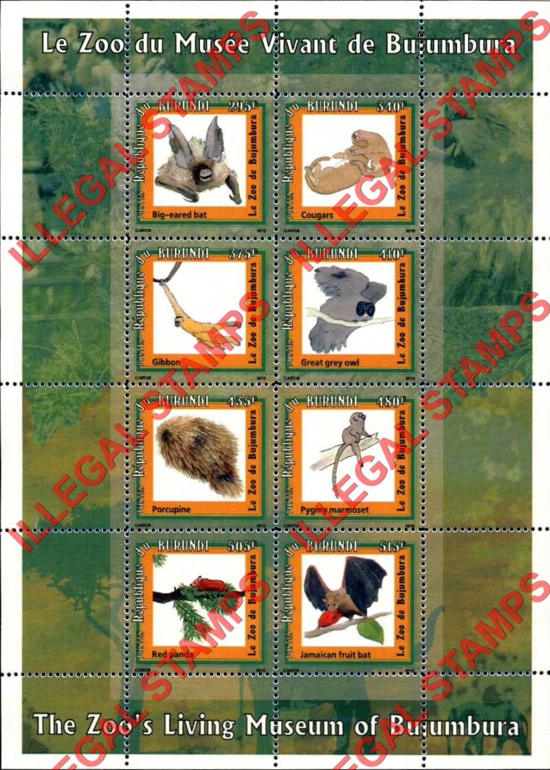 Burundi 2010 Animals in Bujumbura Zoo Counterfeit Illegal Stamp Souvenir Sheets of 8 (Sheet 1)