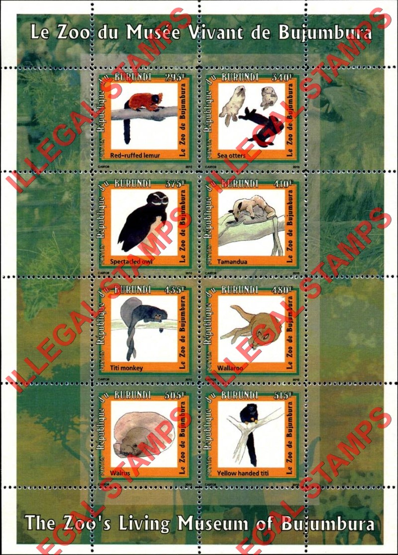 Burundi 2010 Animals in Bujumbura Zoo Counterfeit Illegal Stamp Souvenir Sheets of 8 (Sheet 2)