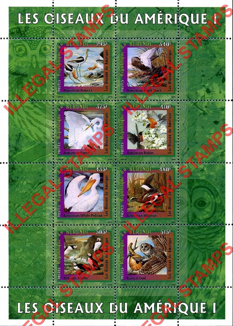 Burundi 2010 Birds of America Counterfeit Illegal Stamp Souvenir Sheets of 8 (Sheet 1)