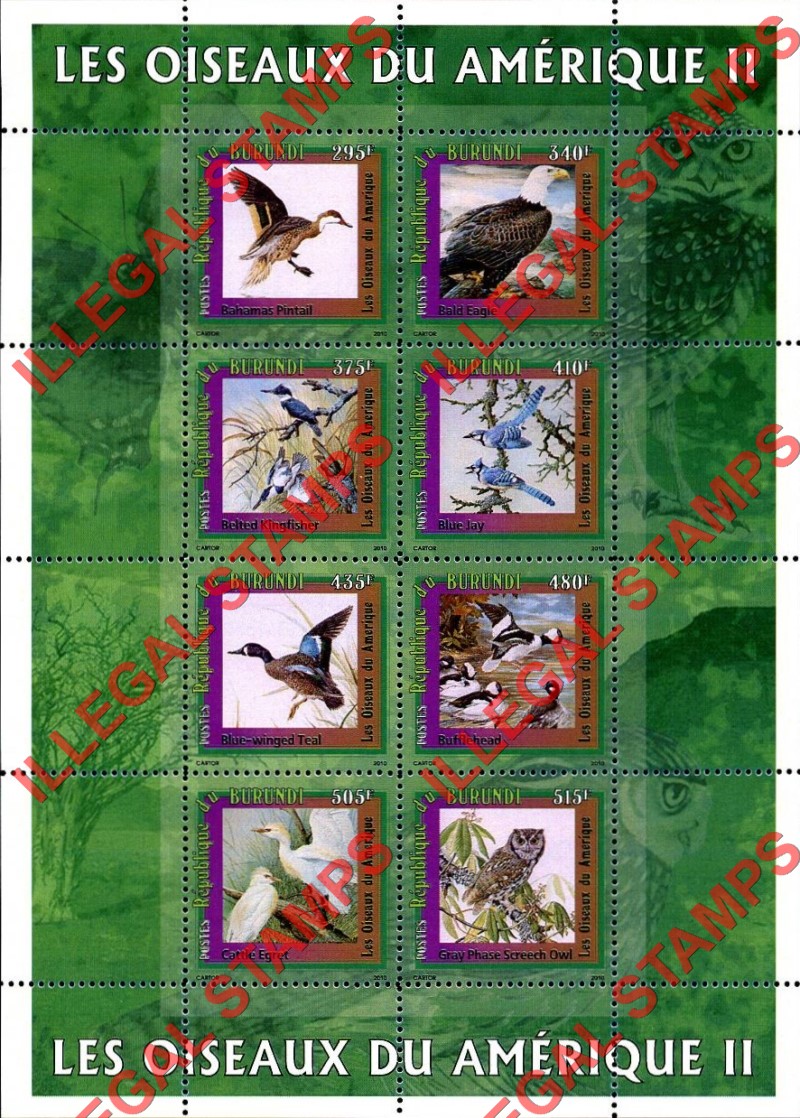 Burundi 2010 Birds of America Counterfeit Illegal Stamp Souvenir Sheets of 8 (Sheet 2)
