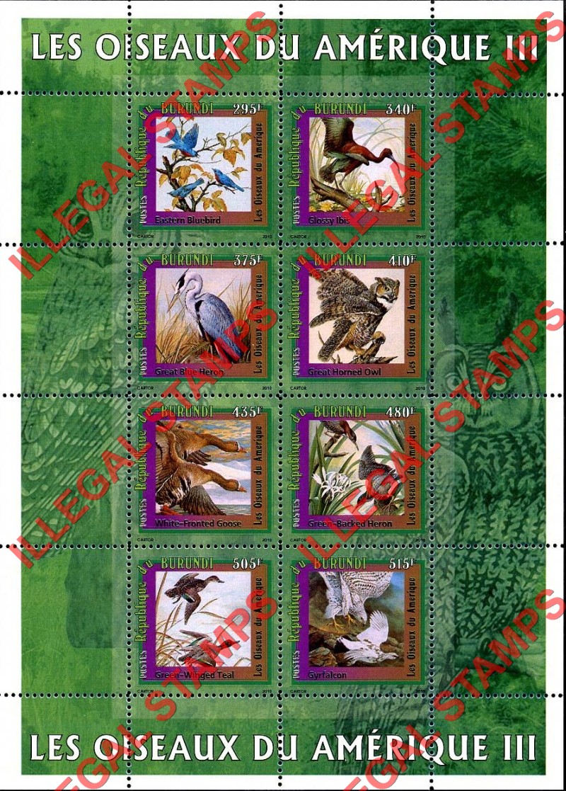 Burundi 2010 Birds of America Counterfeit Illegal Stamp Souvenir Sheets of 8 (Sheet 3)