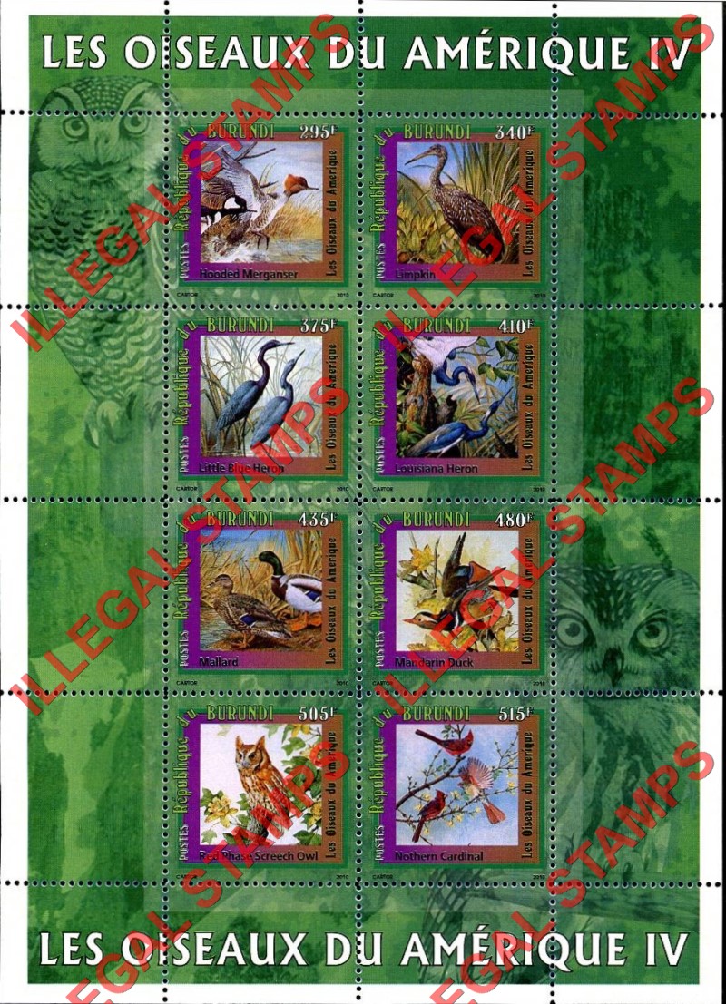 Burundi 2010 Birds of America Counterfeit Illegal Stamp Souvenir Sheets of 8 (Sheet 4)