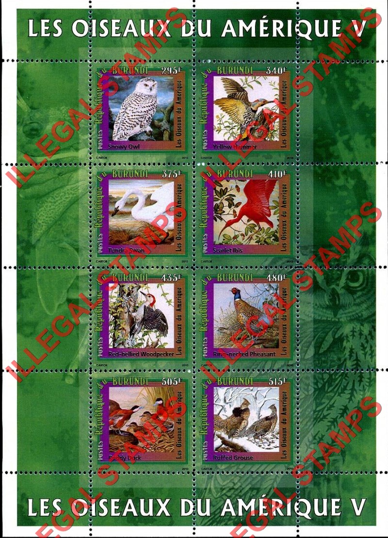 Burundi 2010 Birds of America Counterfeit Illegal Stamp Souvenir Sheets of 8 (Sheet 5)