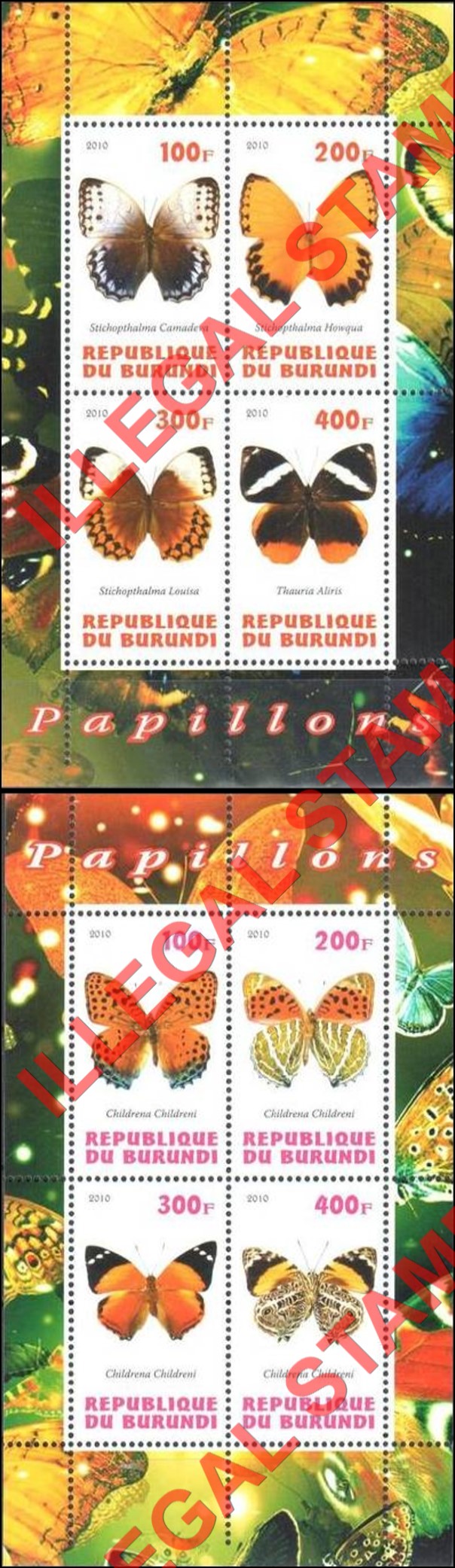 Burundi 2010 Butterflies Counterfeit Illegal Stamp Souvenir Sheets of 4
