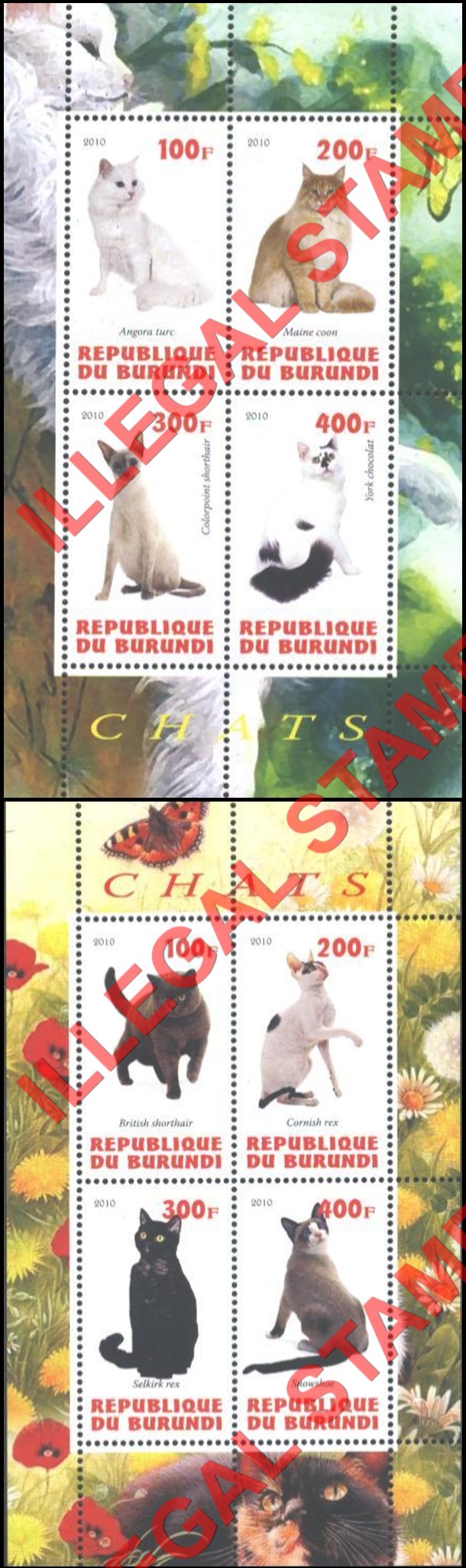 Burundi 2010 Cats Counterfeit Illegal Stamp Souvenir Sheets of 4 (Part 1)
