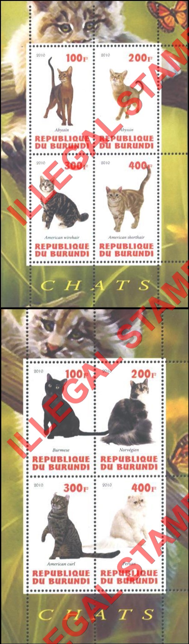 Burundi 2010 Cats Counterfeit Illegal Stamp Souvenir Sheets of 4 (Part 2)