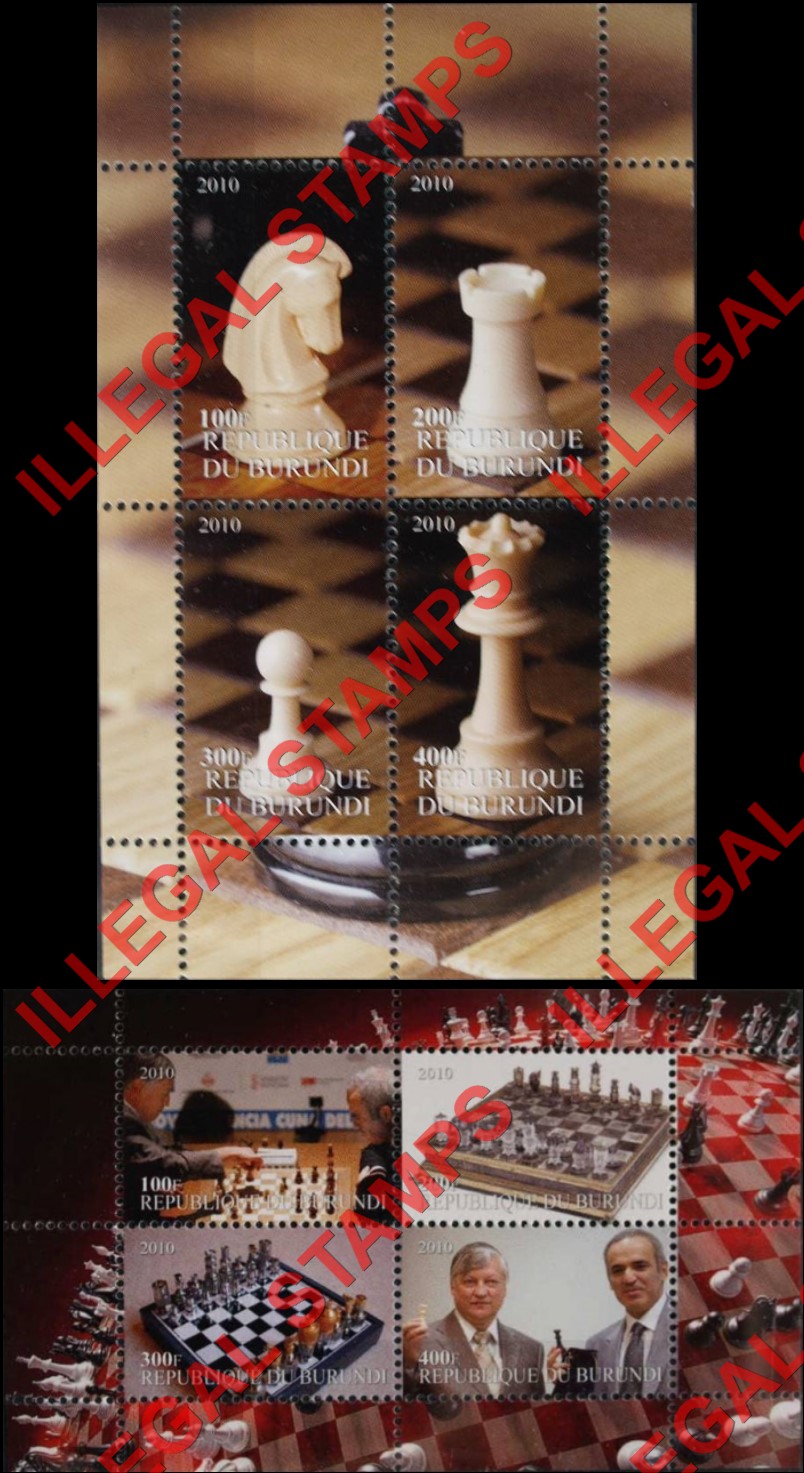 Burundi 2010 Chess Counterfeit Illegal Stamp Souvenir Sheets of 4