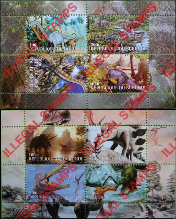 Burundi 2010 Dinosaurs (different) Counterfeit Illegal Stamp Souvenir Sheets of 4 (Part 1)