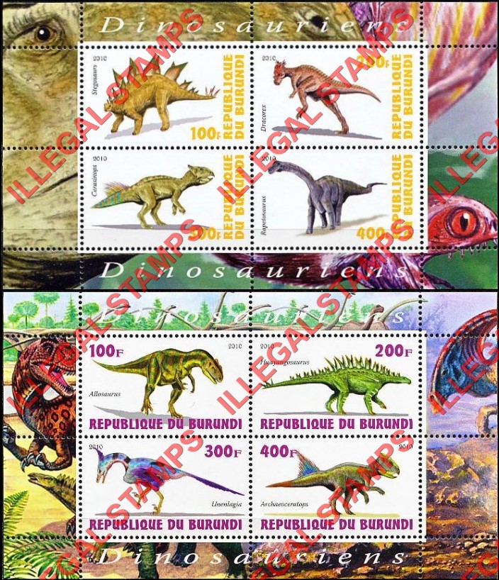 Burundi 2010 Dinosaurs Counterfeit Illegal Stamp Souvenir Sheets of 4 (Part 1)