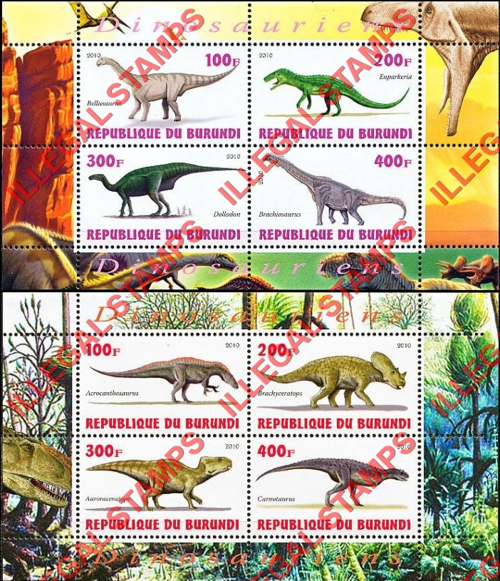 Burundi 2010 Dinosaurs Counterfeit Illegal Stamp Souvenir Sheets of 4 (Part 2)