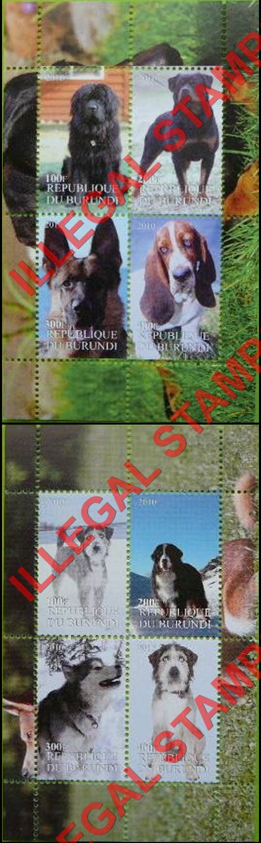 Burundi 2010 Dogs (different) Counterfeit Illegal Stamp Souvenir Sheets of 4 (Part 1)